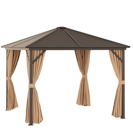 3 x 3(m) Metal Hardtop Gazebo, with Curtains and Accessories - Brown