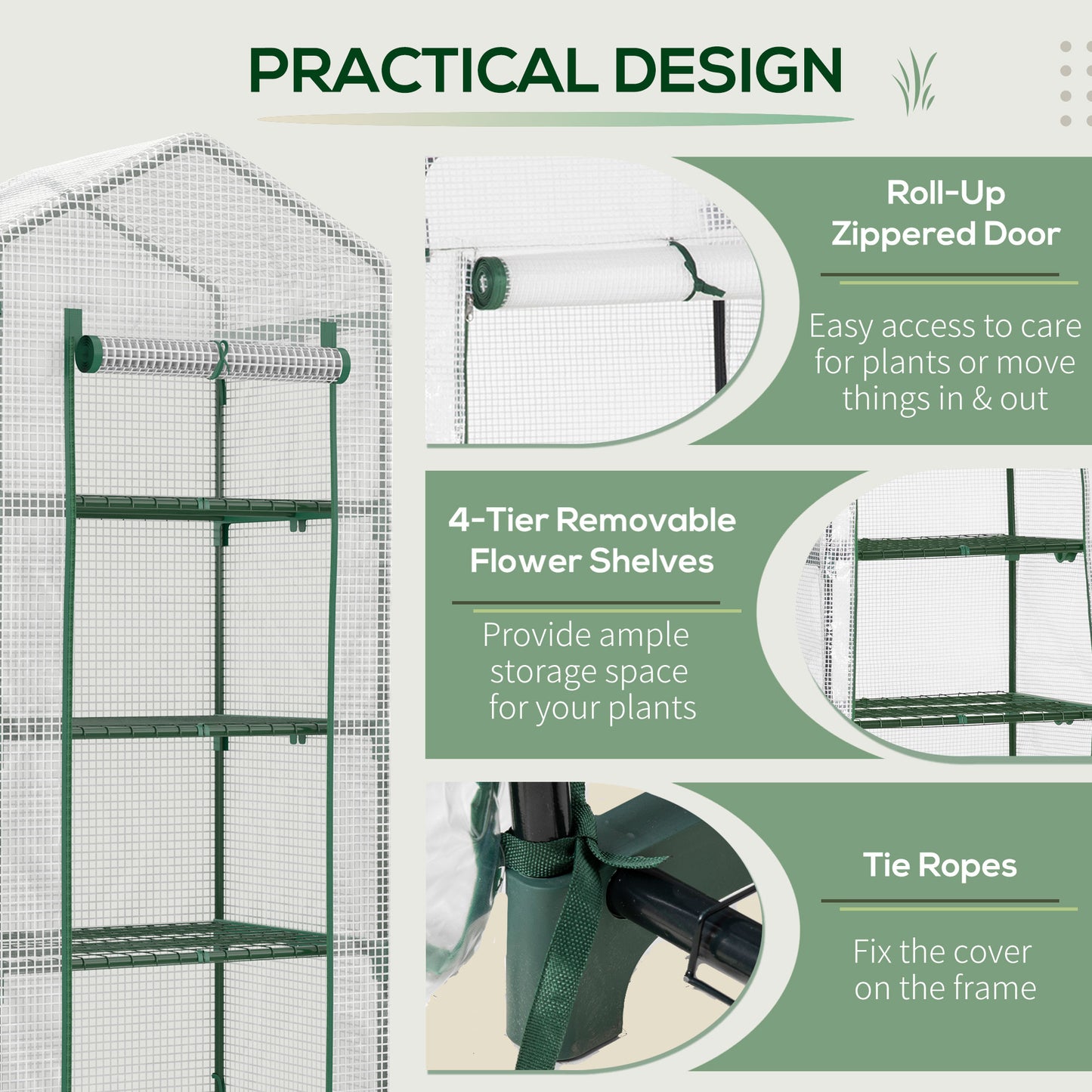 4 Tier Mini Greenhouse, Portable Compact Green House with Steel Frame, PE Cover, Roll-up Door, 70 x 50 x 160 cm, White
