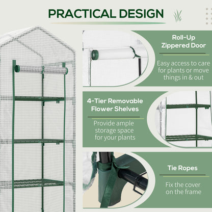 4 Tier Mini Greenhouse, Portable Compact Green House with Steel Frame, PE Cover, Roll-up Door, 70 x 50 x 160 cm, White