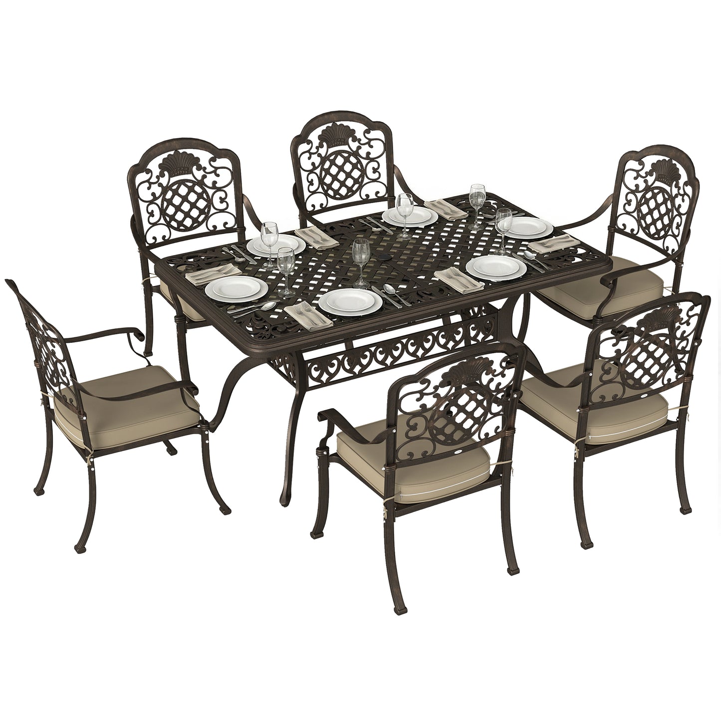 Garden Dining Set for 6, Cast Aluminium Outdoor Table and Chairs Set with Cushions, Parasol Hole for Patio, Bronze Tone