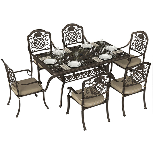 Garden Dining Set for 6, Cast Aluminium Outdoor Table and Chairs Set with Cushions, Parasol Hole for Patio, Bronze Tone