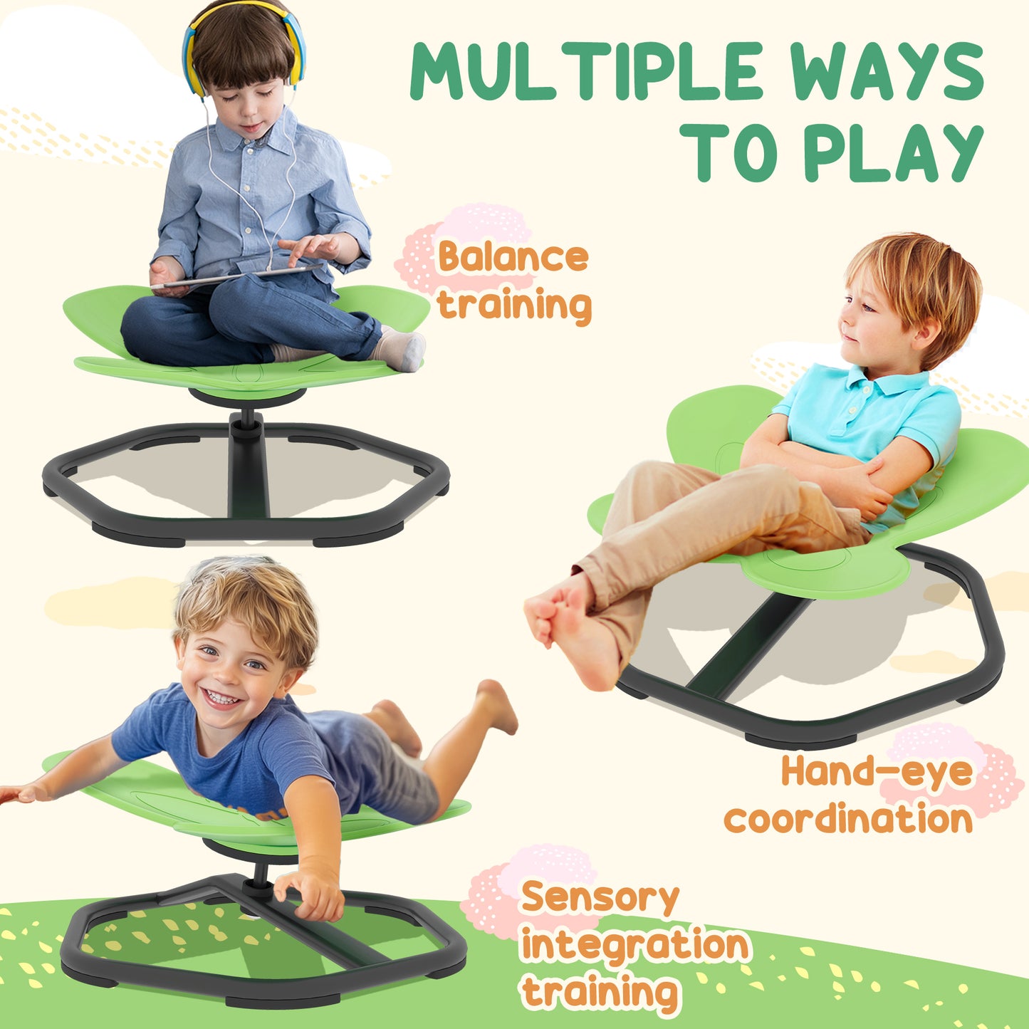 Butterfly-Shaped Kids Swivel Chair, Sensory Spinning Chair for Balance and Coordination Training, Green