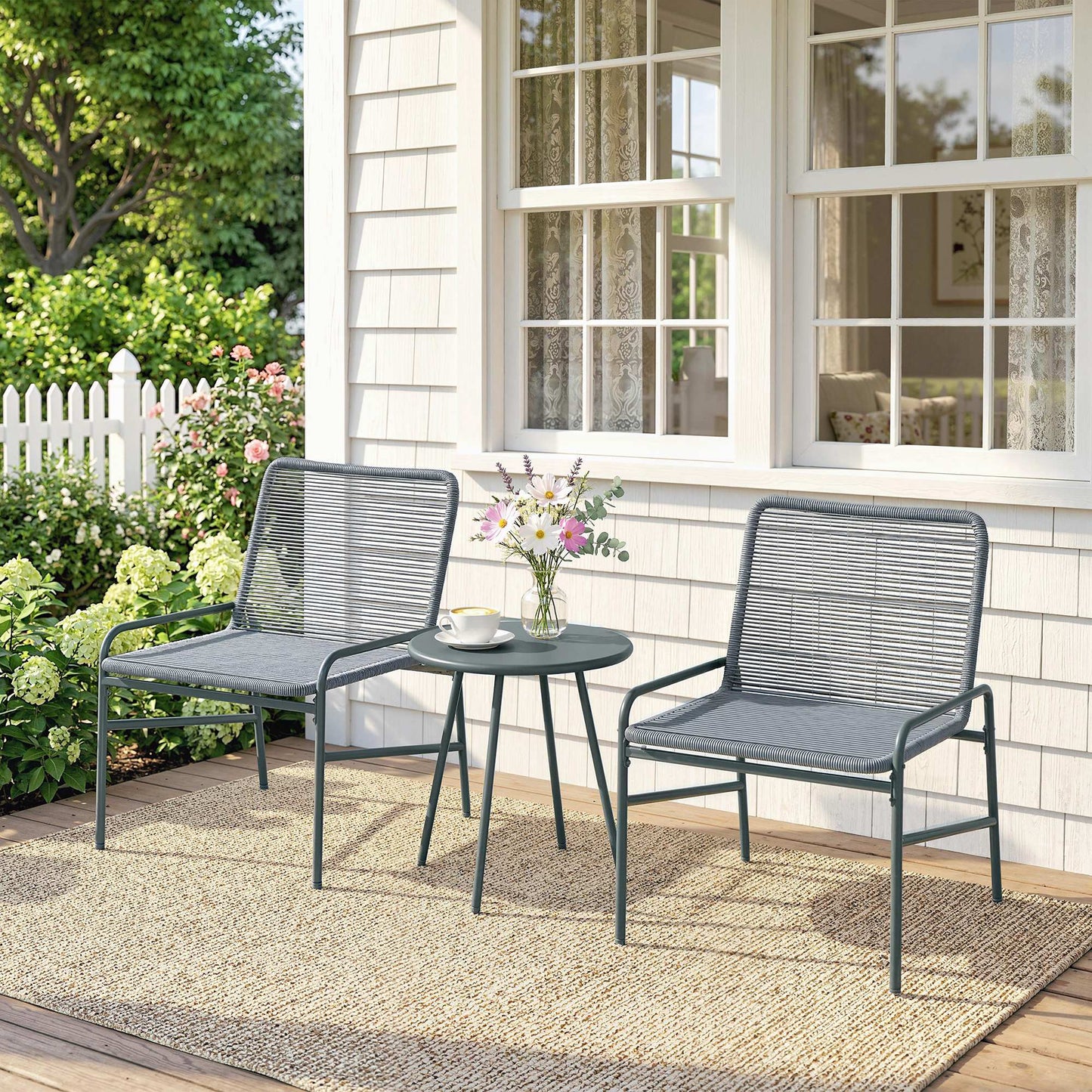 3 Piece Rattan Bistro Set, Outdoor Garden Furniture Set with 2 Chairs, Round Coffee Table for Patio, Balcony, Dark Grey