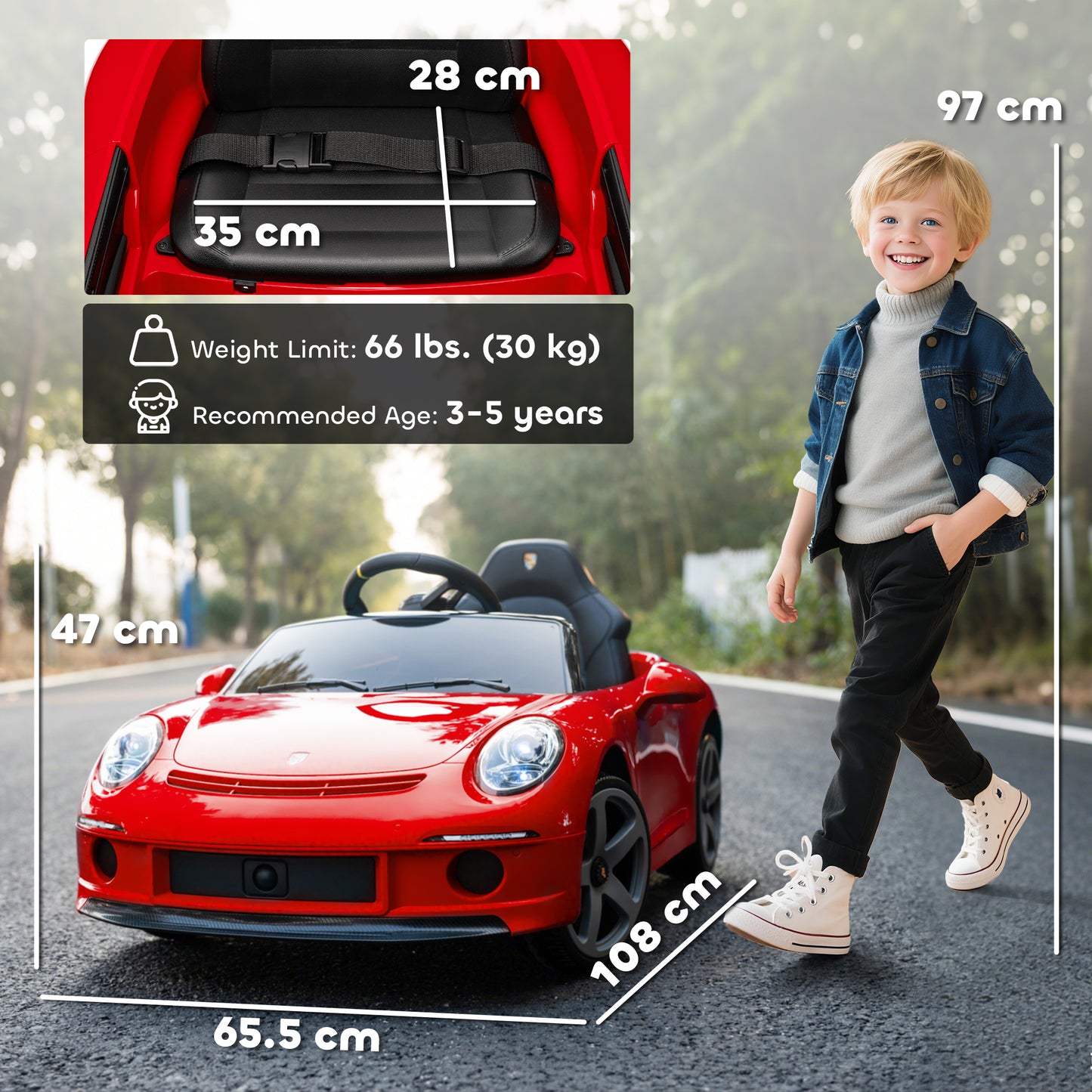Kids Electric Car, 12V Licensed RUF GT Ride on Car with Suspension, Remote Control, Music, for 3-5 Years, Red