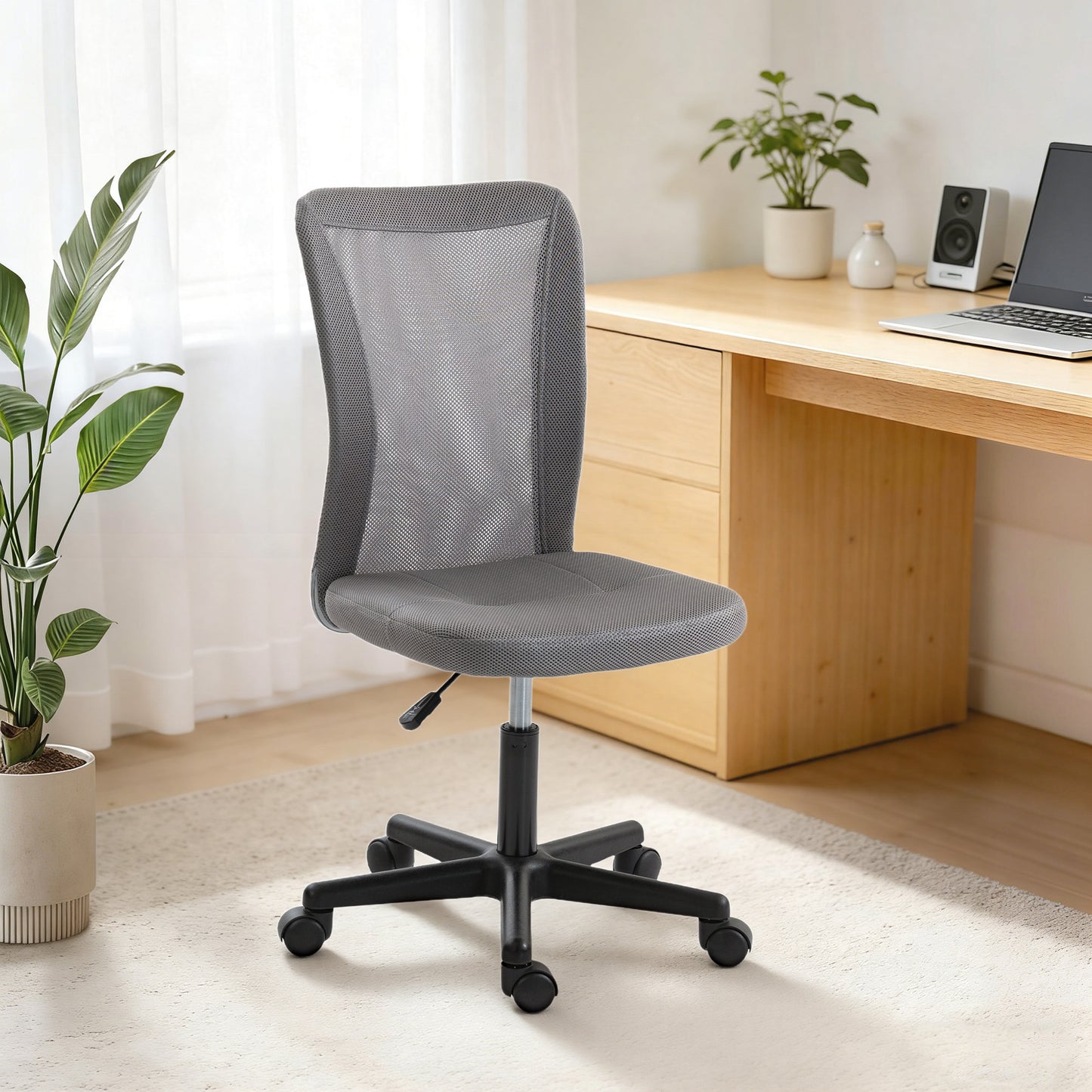 Computer Desk Chair, Mesh Office Chair with Adjustable Height and Swivel Wheels, Armless Study Chair, Grey