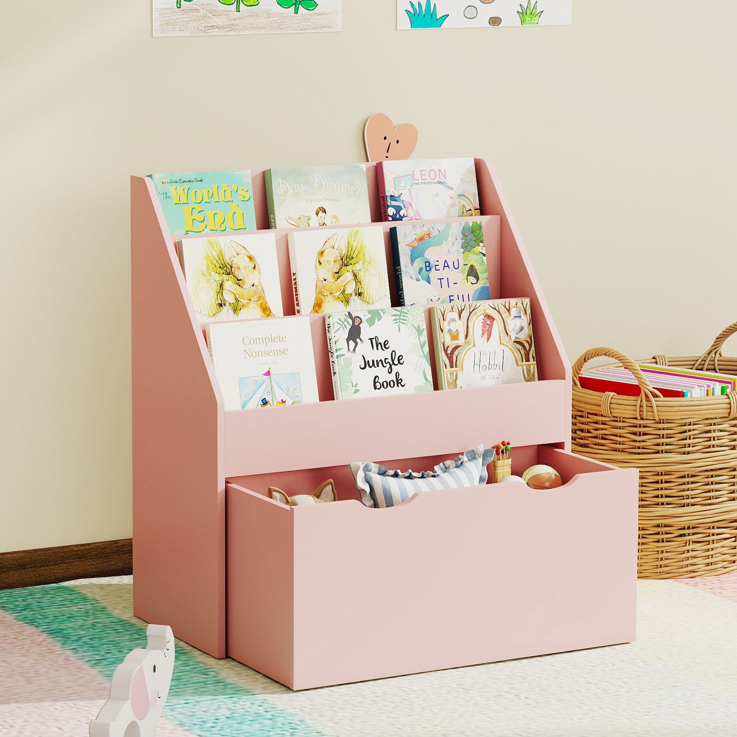 Bookcase for Kids with Shelves, Drawer, Bookcase for Bedroom, Playroom, Pink