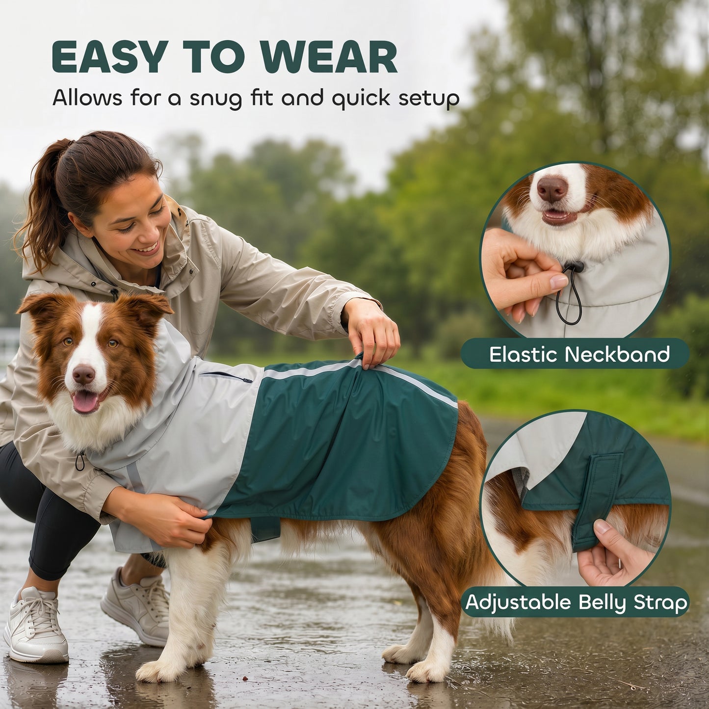 Dog Raincoat with Hood, Waterproof & Breathable Rain Jacket with Leash Hole, for Medium Dogs, Green, M