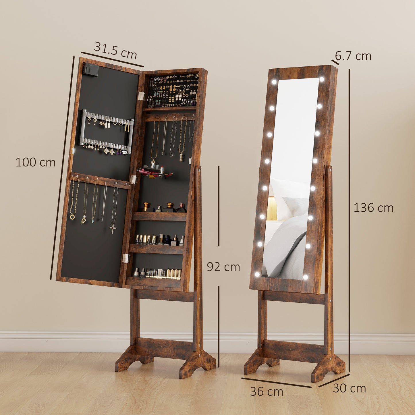 Freestanding Mirrored Jewellery Storage Cabinet - Wood-Effect