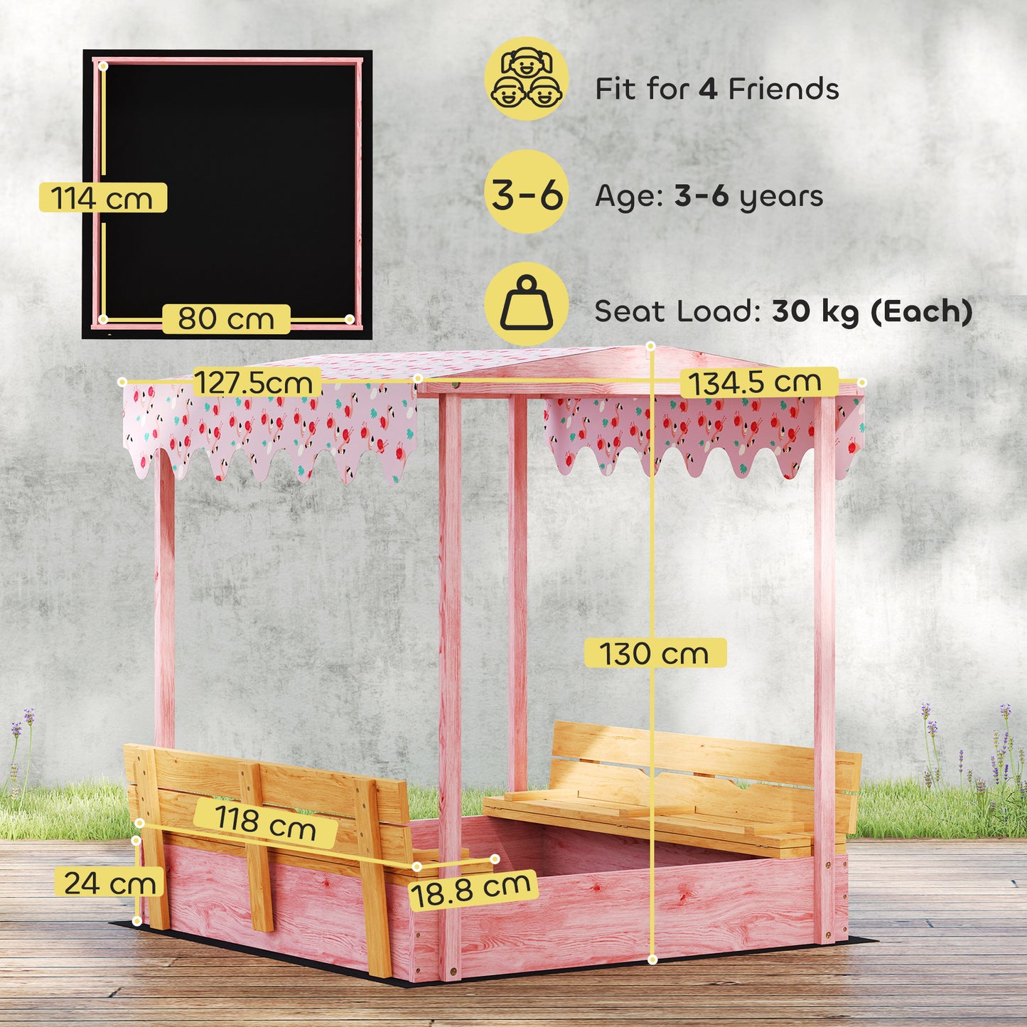 Wooden Sandbox with Lid, Flamingos Print Canopy, Kids Outdoor Sand Pit with Foldable Bench Seats, Bottom Liner, Pink