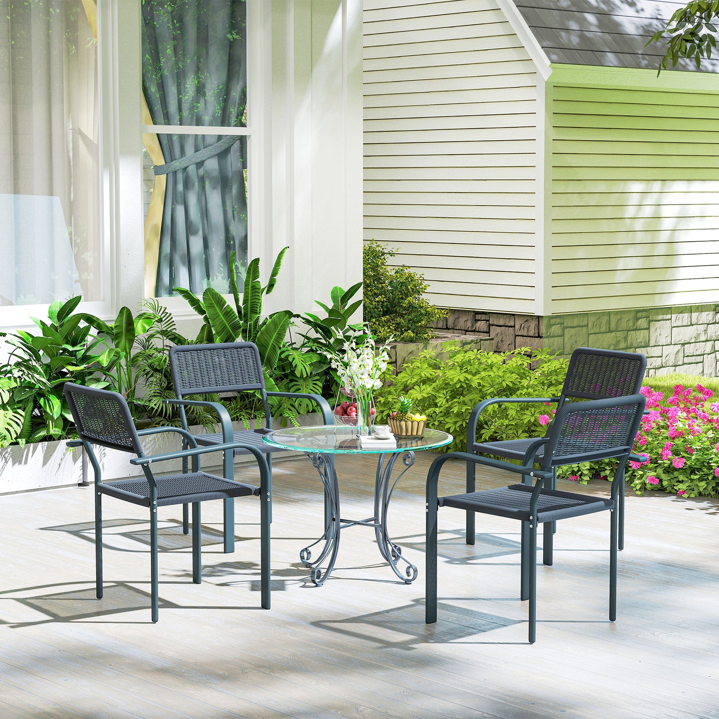 Garden Chairs Set of 4, Stackable Rattan Effect Dining Chairs with Armrest