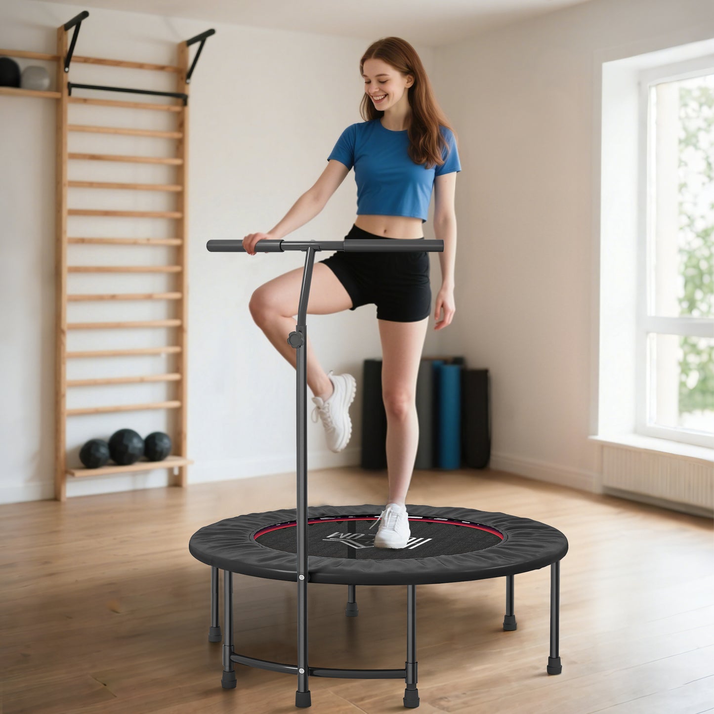 40" Fitness Trampoline with Adjustable Handle, Rebounder Trampoline, Mini Jumper for Indoor Exercise Workout, Black