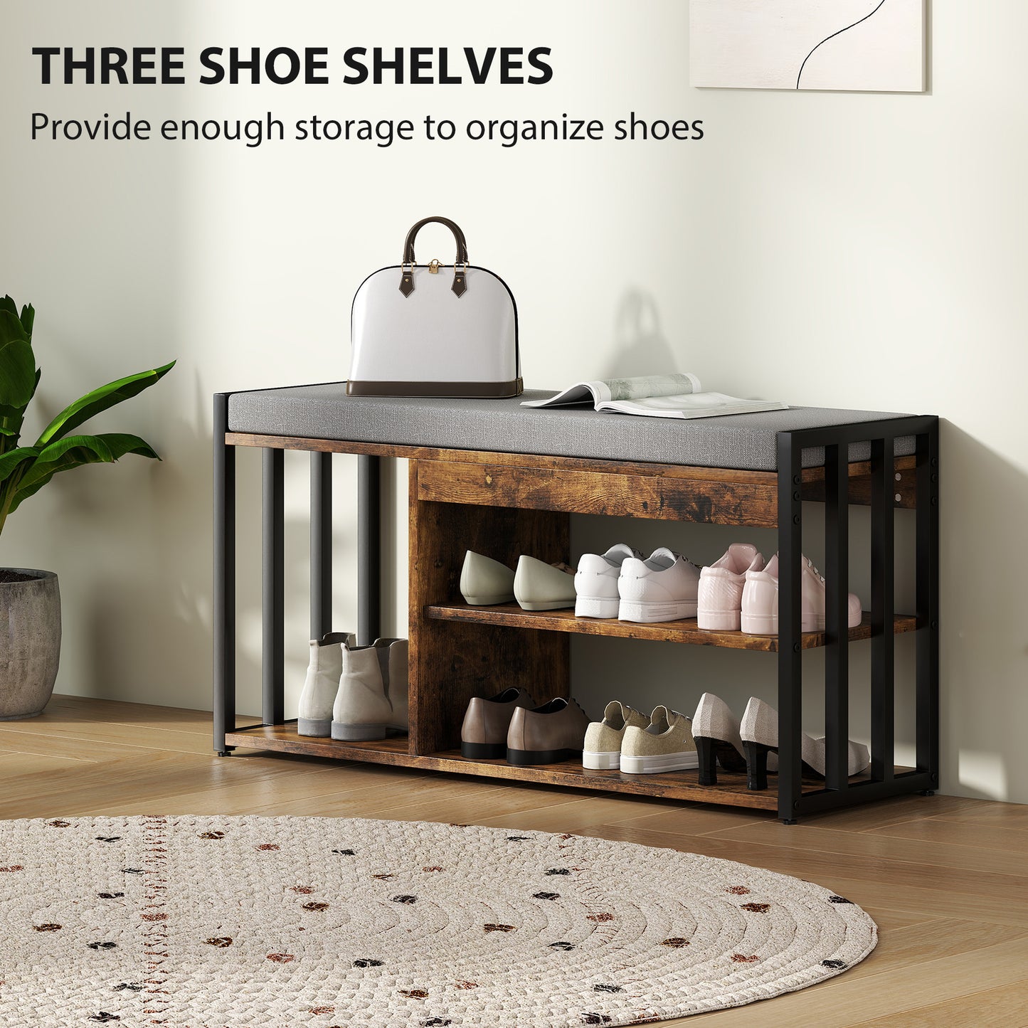 Shoe Storage with Seat, Upholstered Entryway Bench, Shoe Bench with 3 Open Shelves for Hallway, Rustic Brown
