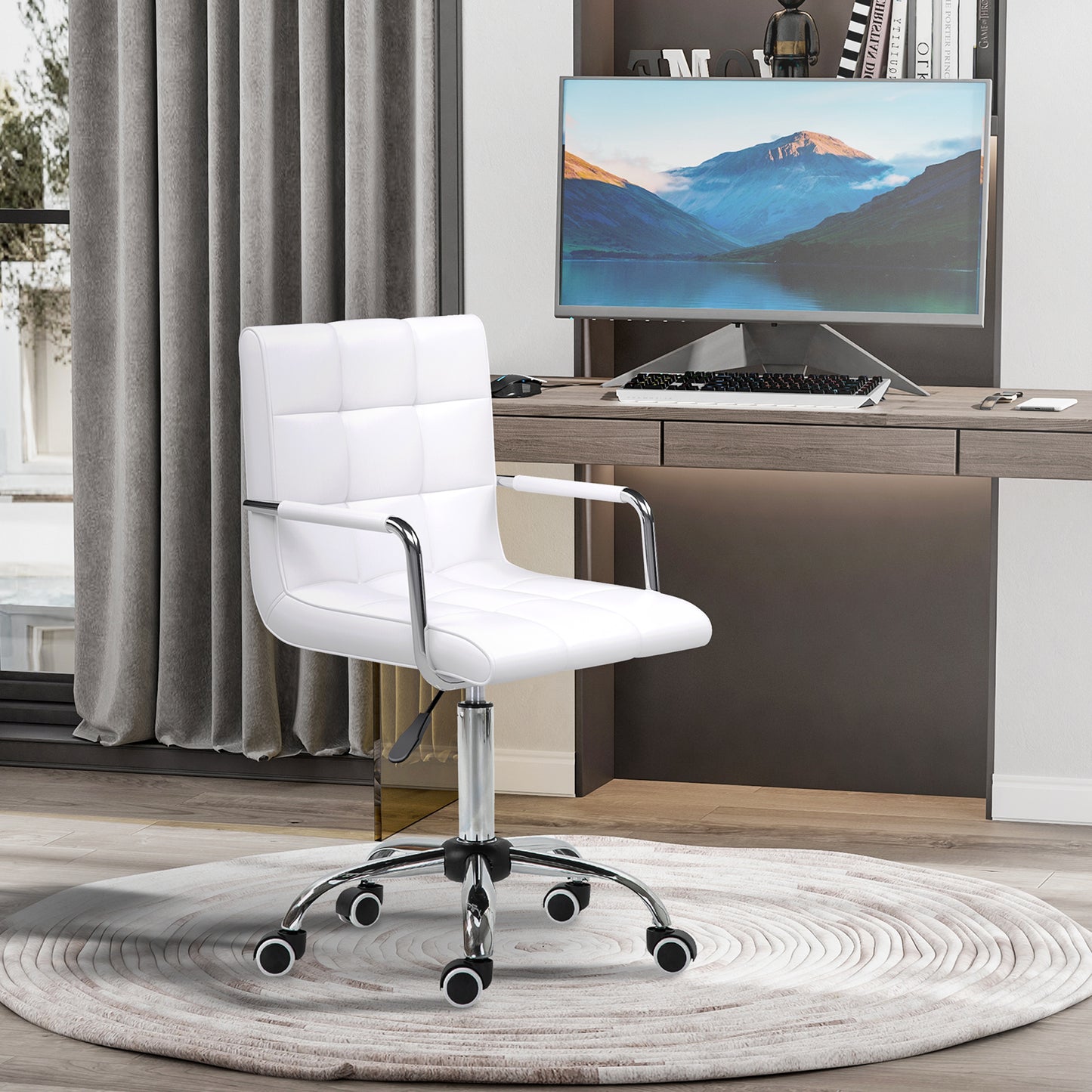Makeup Vanity Chair, PU Leather Mid Back Office Chair with Adjustable Height, Armrest and Rolling Wheels, White
