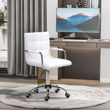 Makeup Vanity Chair, PU Leather Mid Back Office Chair with Adjustable Height, Armrest and Rolling Wheels, White