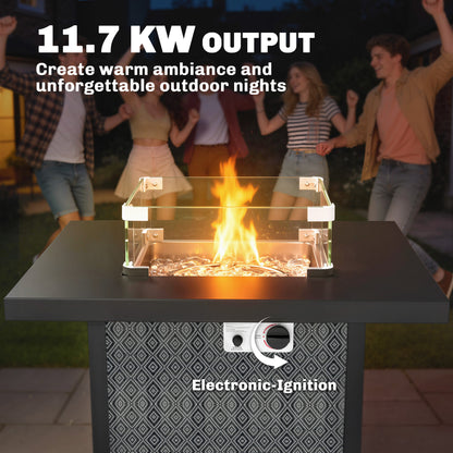 Propane Gas Fire Pit Table for Garden, 11.7 KW Smokeless Firepit Outdoor Heater with Wind Guard, Glass Rocks, Lid, Black