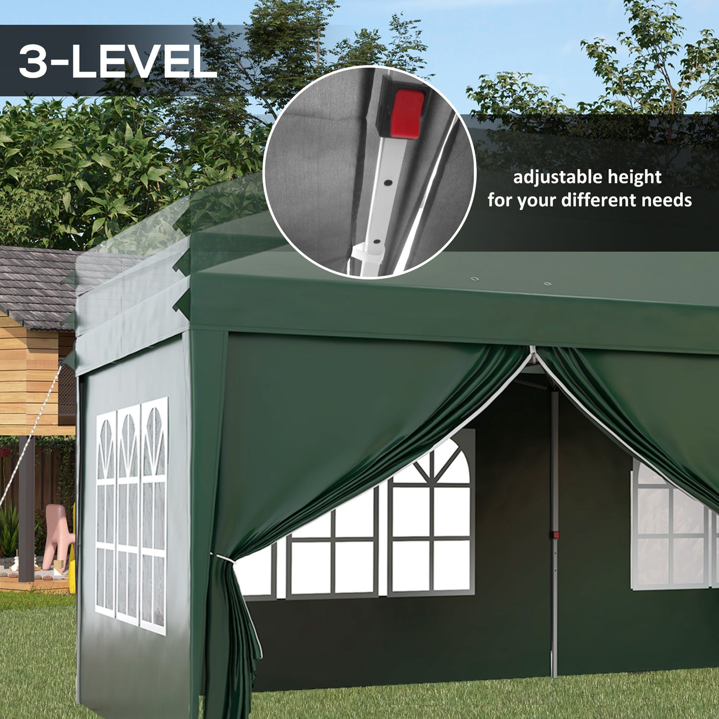 3x6m Pop-Up Gazebo, with Curtain Walls and Windows, Green
