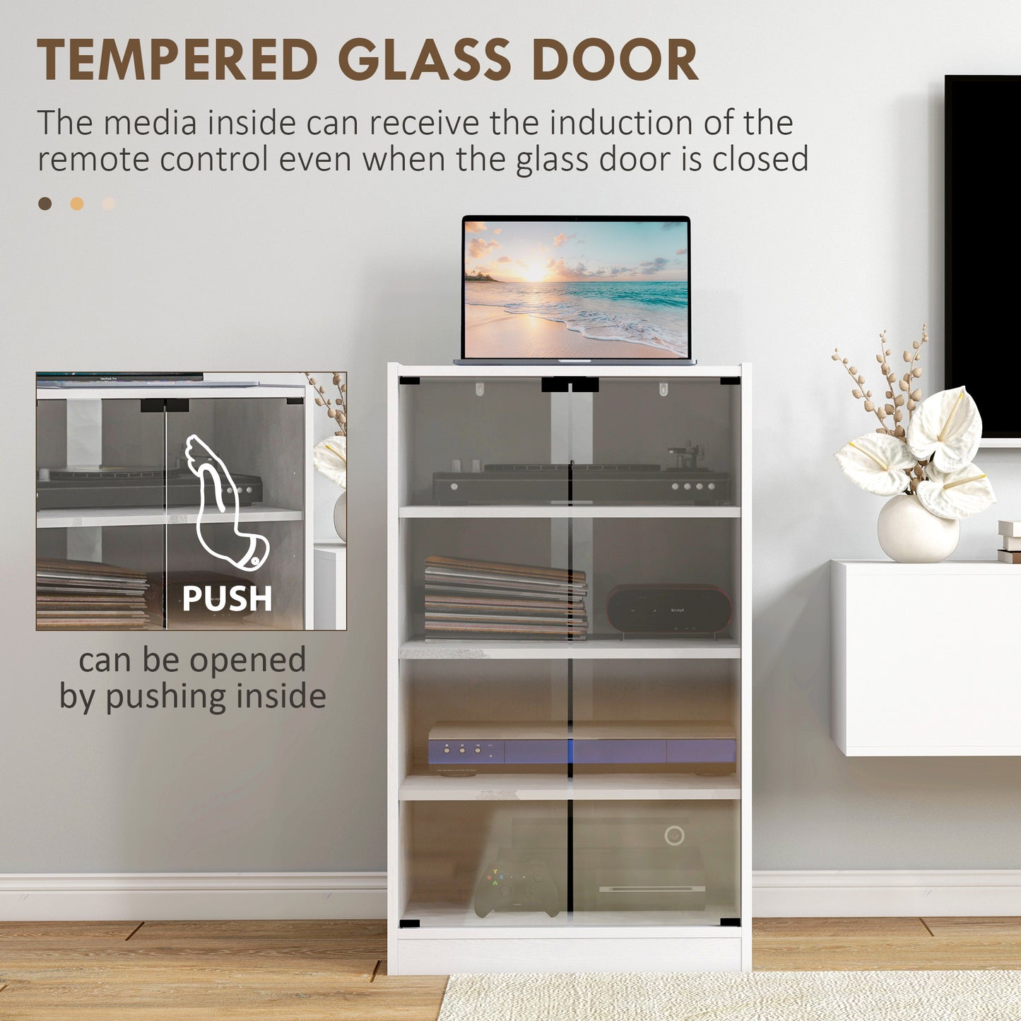 4-Tier Hi-Fi Stand, Record Player Stand with Adjustable Shelves and Push-to-Open Glass Doors, White Wood-Effect