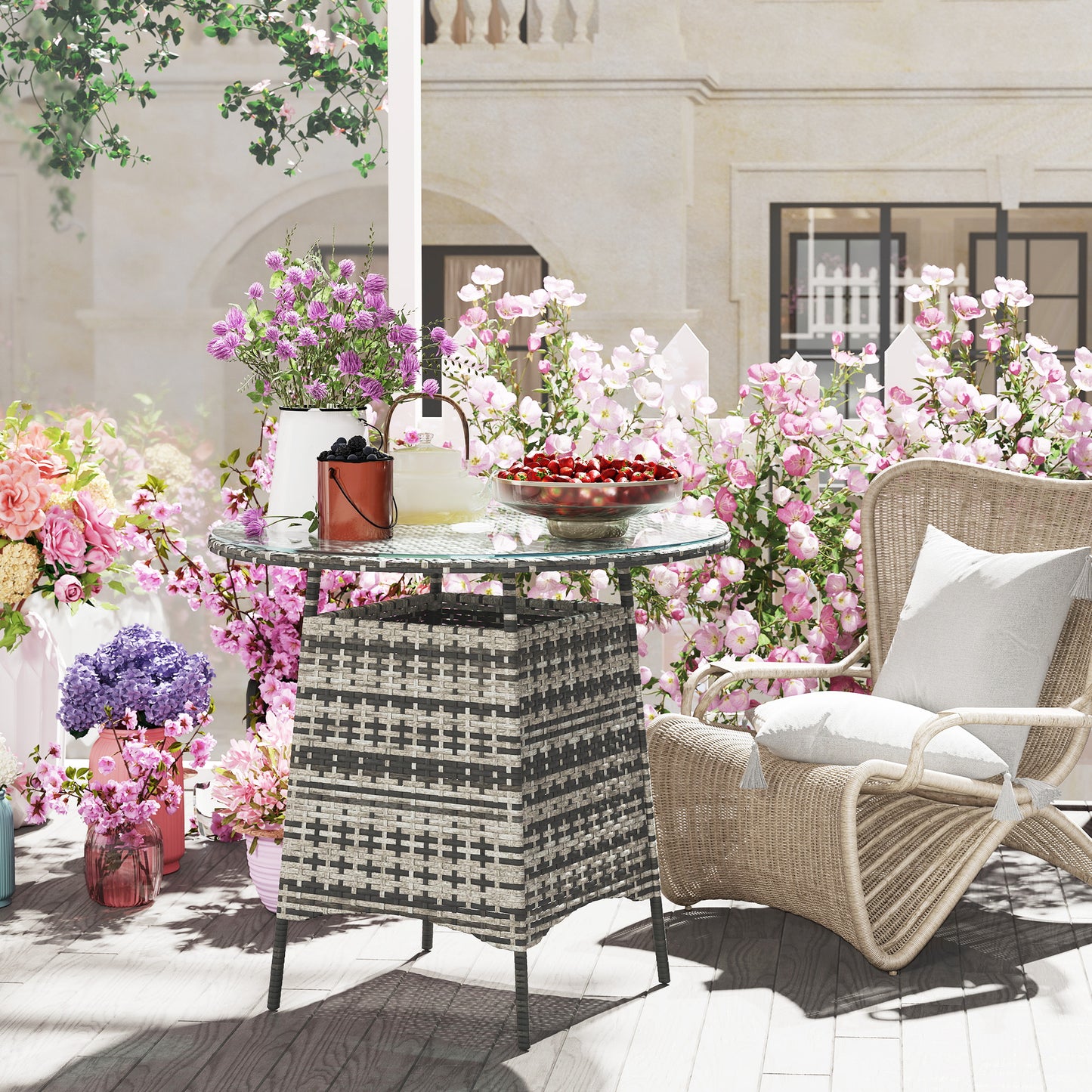 Wicker Garden Rattan Table, Patio Furniture Outdoor Coffee Table with Umbrella Hole and Tempered Glass Top, Grey