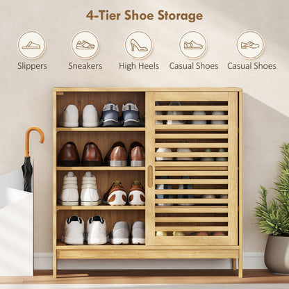 Bamboo Shoe Cabinet with 2 Sliding Slat Doors, 16Pairs, Adjustable Shelves, Natural