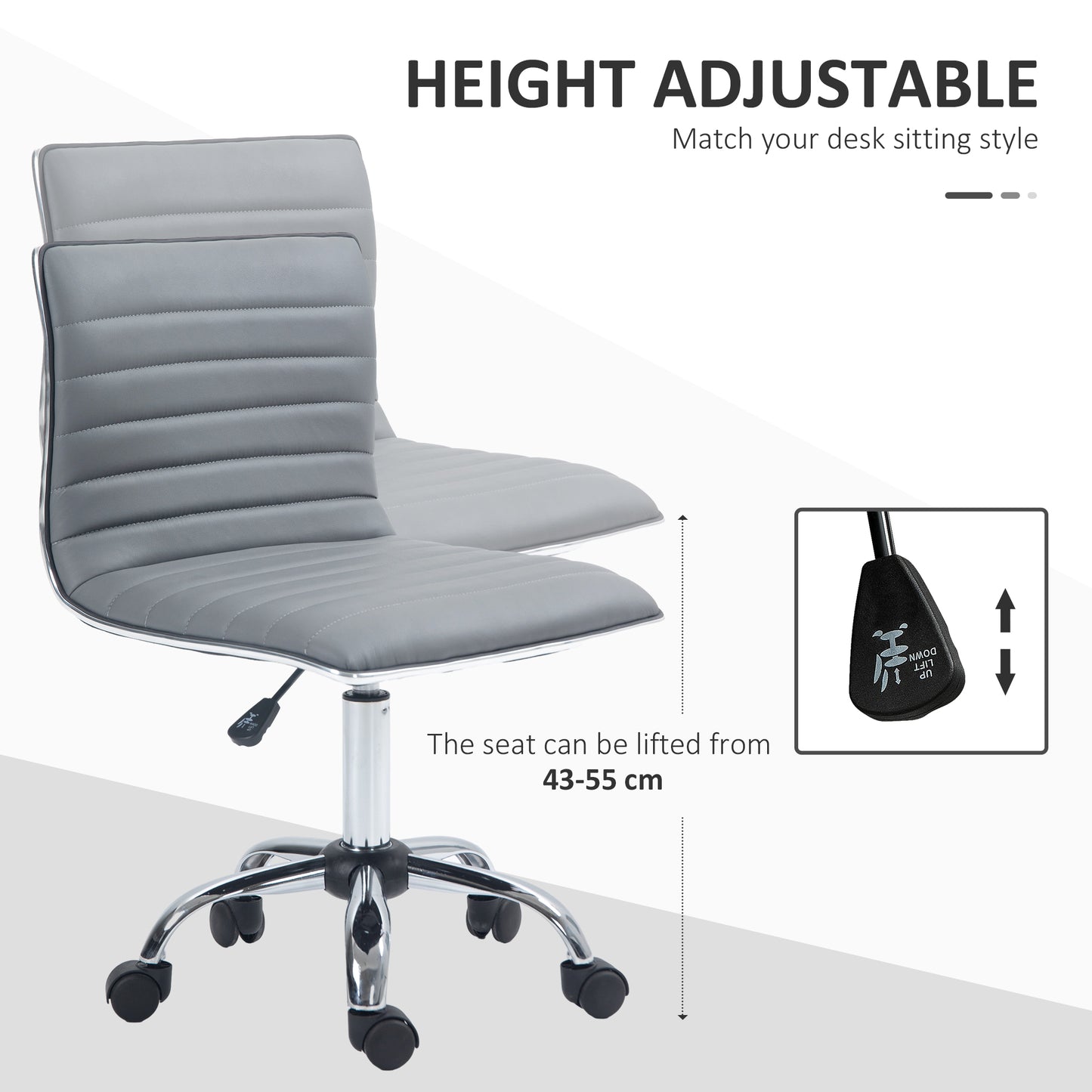 Armless Task Desk Chair, Swivel Office Chair with Faux Leather, Adjustable Seat Height, Chrome Base, Wheels for Home