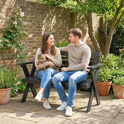 2 Seater Wooden Garden Bench, Slatted Patio Bench with Armrest and Backrest, Black