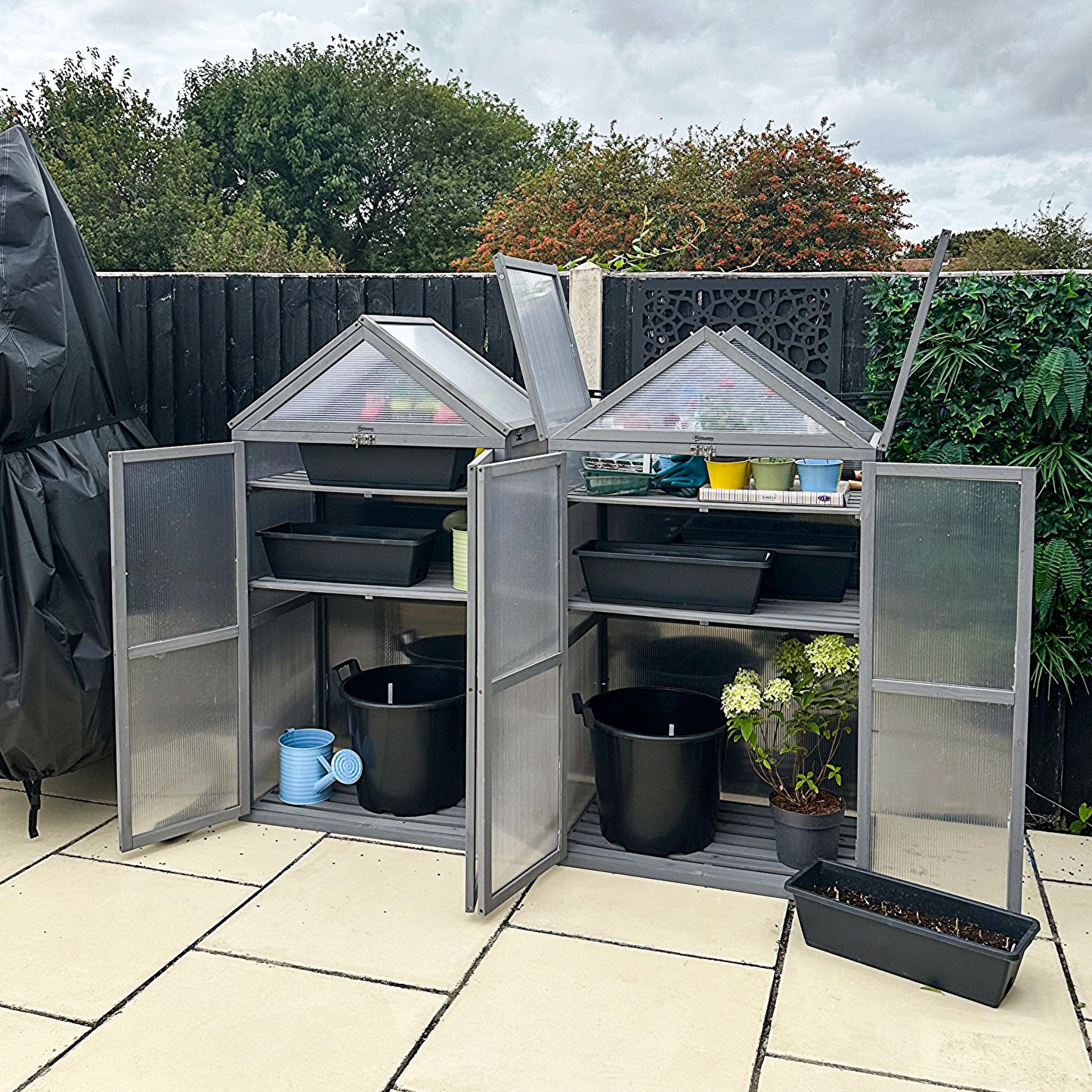 Garden Cold Frame Polycarbonate Greenhouse with Adjustable Shelves, Double Doors, Openable Top Covers