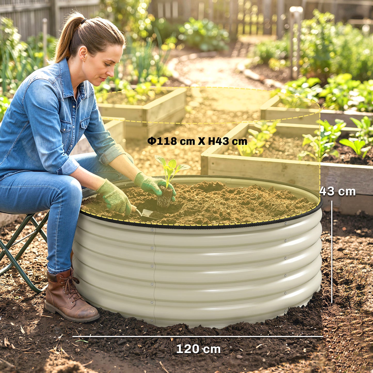 Galvanised Raised Garden Bed with Safety Edging, Outdoor Raised Planter Box with Gloves, 120 x 120 x 43cm, Cream White