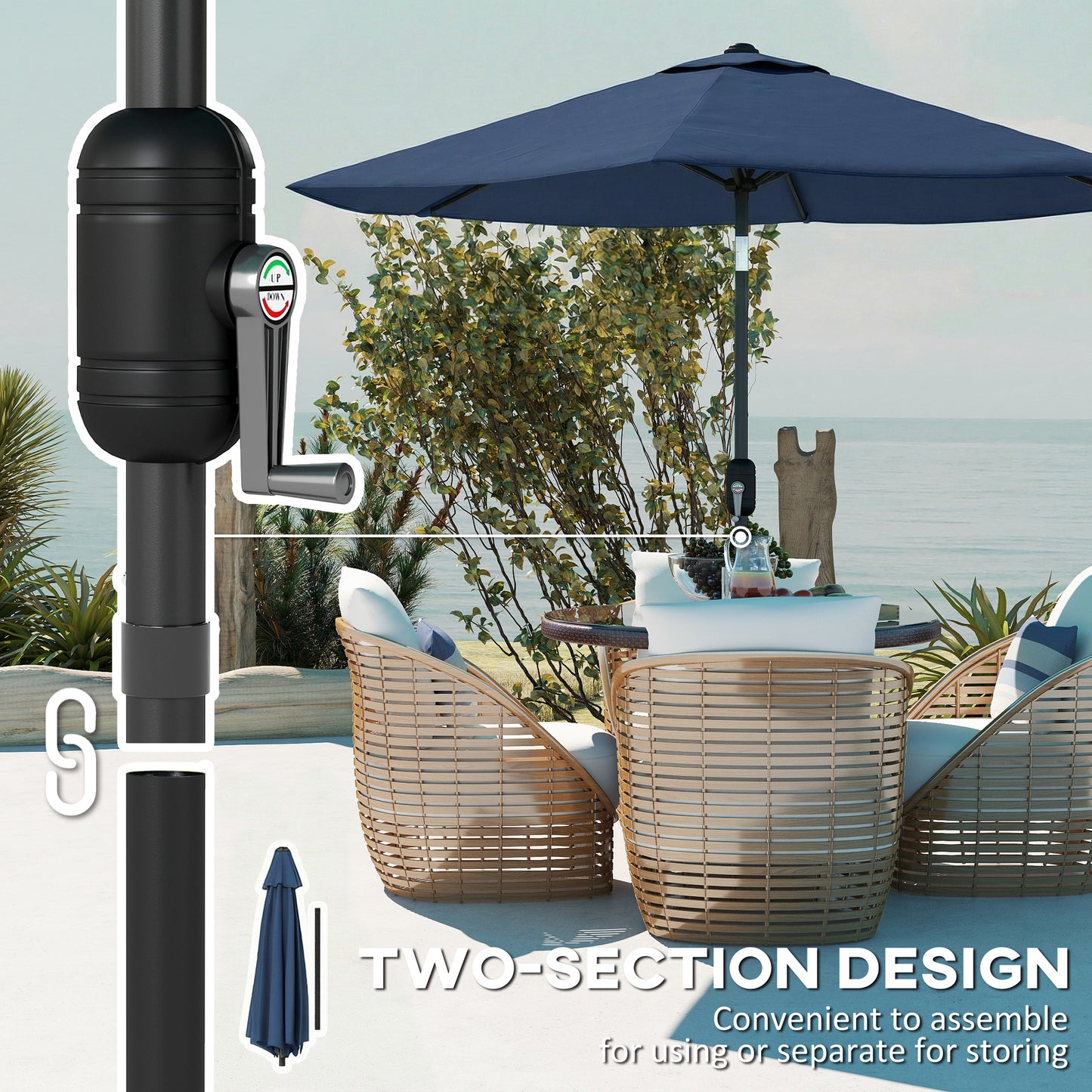 2.6 m Garden Parasol Umbrella with Aluminium Pole, Outdoor Patio Umbrella with Tilt and Crank, Vent, Navy Blue
