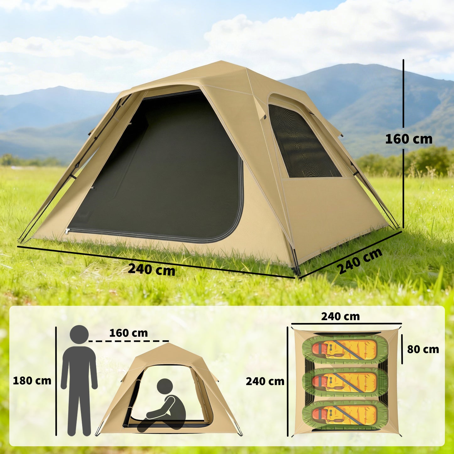 Pop Up Tent 3000mm Waterproof Camping Tents with Mesh Windows 2-3 People Khaki