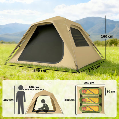 Pop Up Tent 3000mm Waterproof Camping Tents with Mesh Windows 2-3 People Khaki