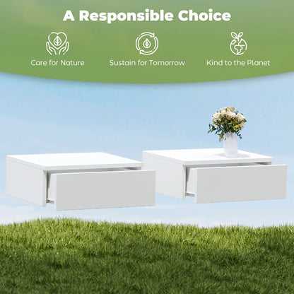 Floating Bedside Table Set of 2, Wall-Mounted Nightstand with High Gloss Finish & Storage Drawer, White
