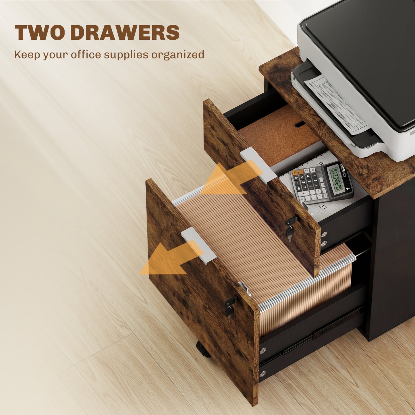 Two-Drawer Lockable Filing Cabinet - Black and Rustic Brown