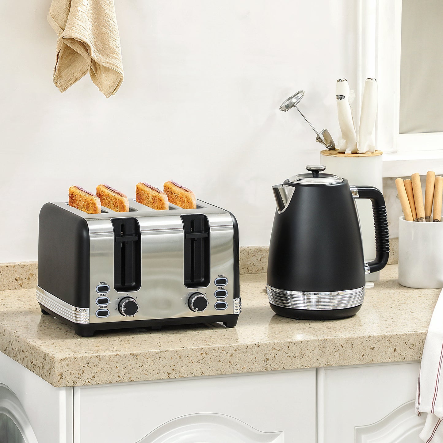 Stainless Steel Panel Kettle and Toaster Set - Black