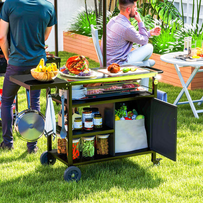 Outdoor BBQ Trolley with Foldable Side Table, Stainless Steel Top, Outdoor Kitchen with Wheels Hooks Shelves Cabinet