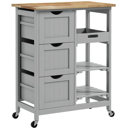 Rolling Kitchen Island Cart, Bar Serving Cart, Compact Trolley on Wheels with Wood Top, Shelves & Drawers, Grey