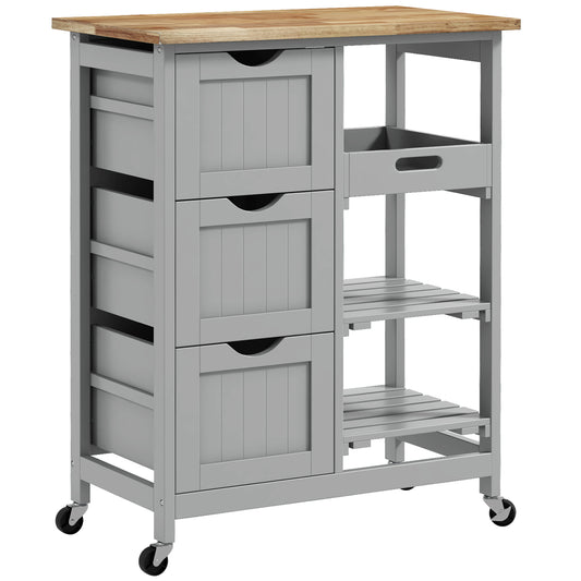 Rolling Kitchen Island Cart, Bar Serving Cart, Compact Trolley on Wheels with Wood Top, Shelves & Drawers, Grey