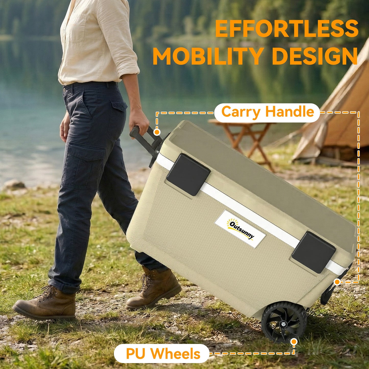 70L Insulated Cool Box with Wheels, Portable Ice Cooler with Handle, Lid and Drain Valve, Khaki