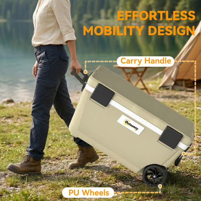 70L Insulated Cool Box with Wheels, Portable Ice Cooler with Handle, Lid and Drain Valve, Khaki