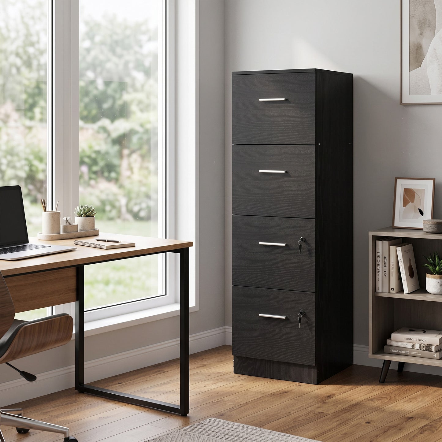 Four-Drawer Lockable Filing Cabinet - Black Wood Effect