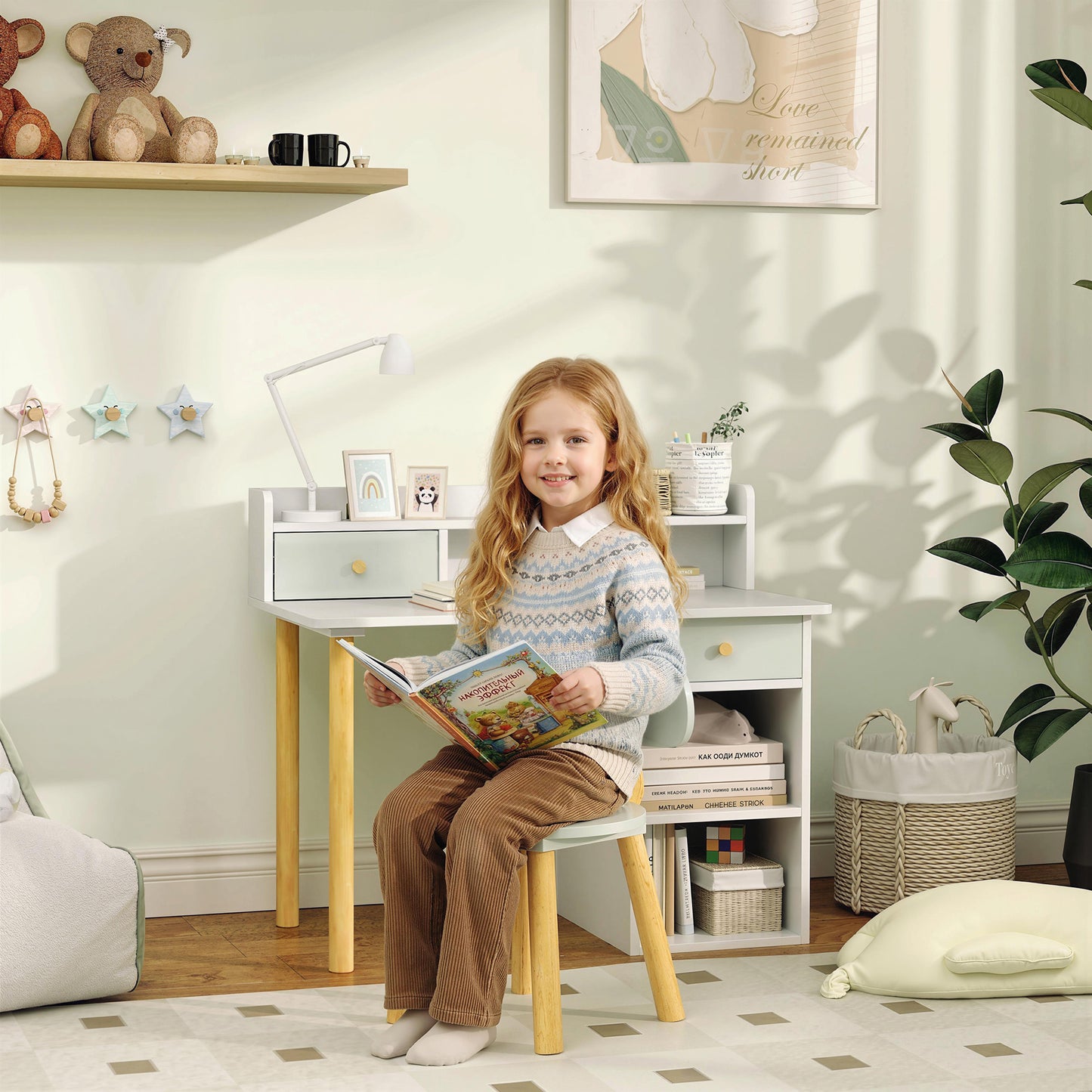 Two-Piece Children Study Table with Hutch, Kids Desk and Chair Set with Storage, Drawer, Shelves, Green