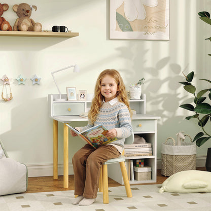 Two-Piece Children Study Table with Hutch, Kids Desk and Chair Set with Storage, Drawer, Shelves, Green