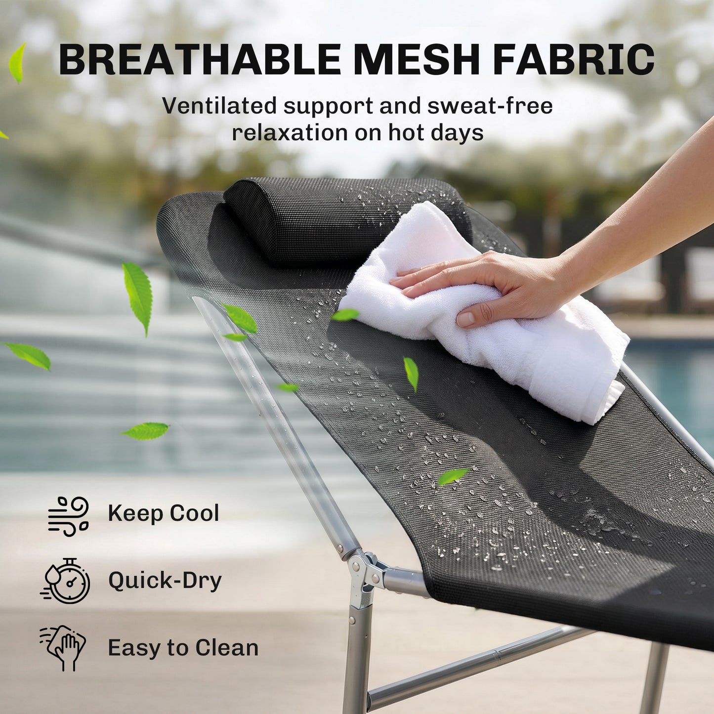 Folding Sun Lounger, Texteline Reclining Sun Bed with 5 Position Adjustable Backrest, Headrest, Black