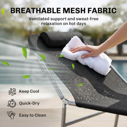 Folding Sun Lounger, Texteline Reclining Sun Bed with 5 Position Adjustable Backrest, Headrest, Black