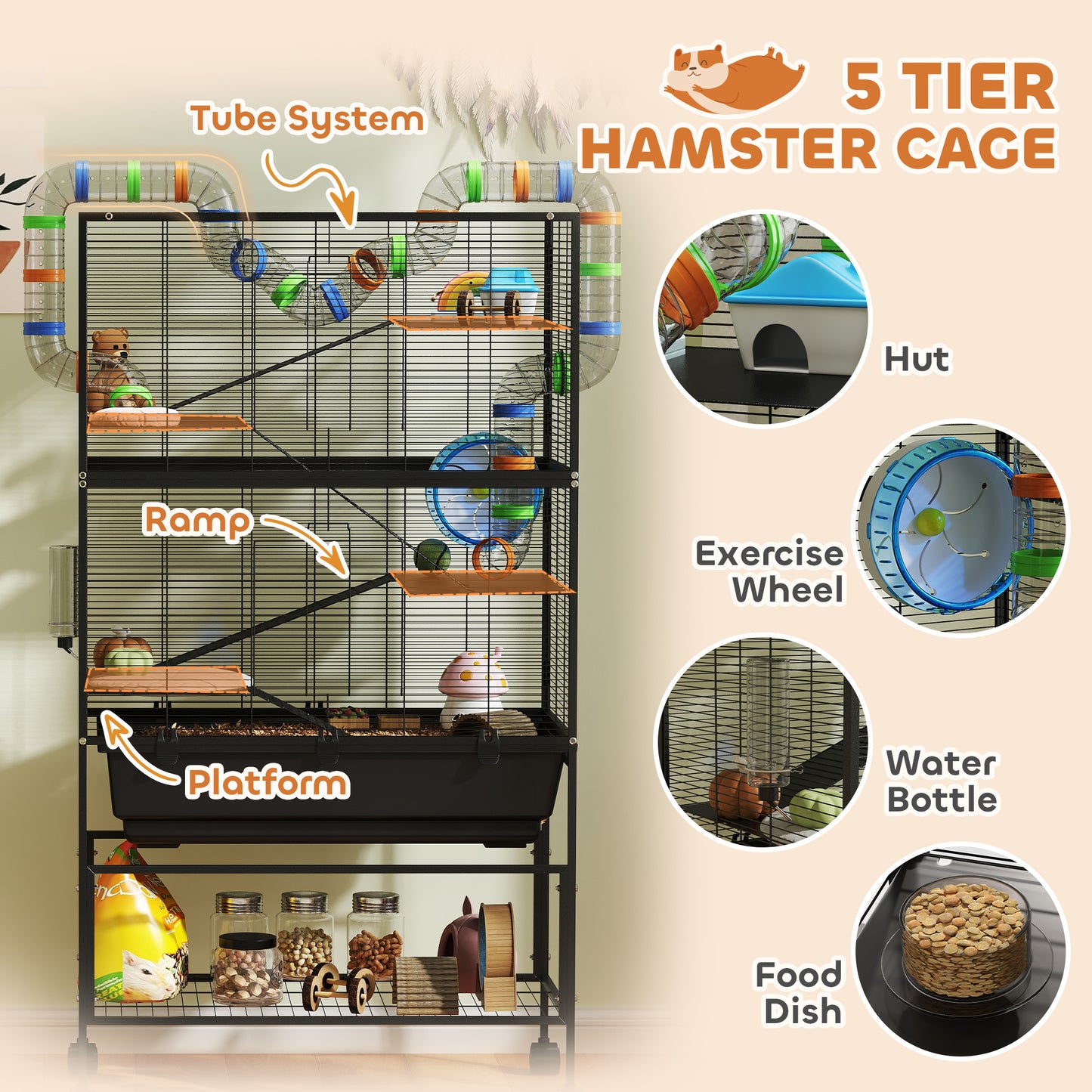 5 Tier Large Hamster Cage on Wheels with 17 cm Deep Tray, Storage Shelf for Syrian, Gerbil, Rats