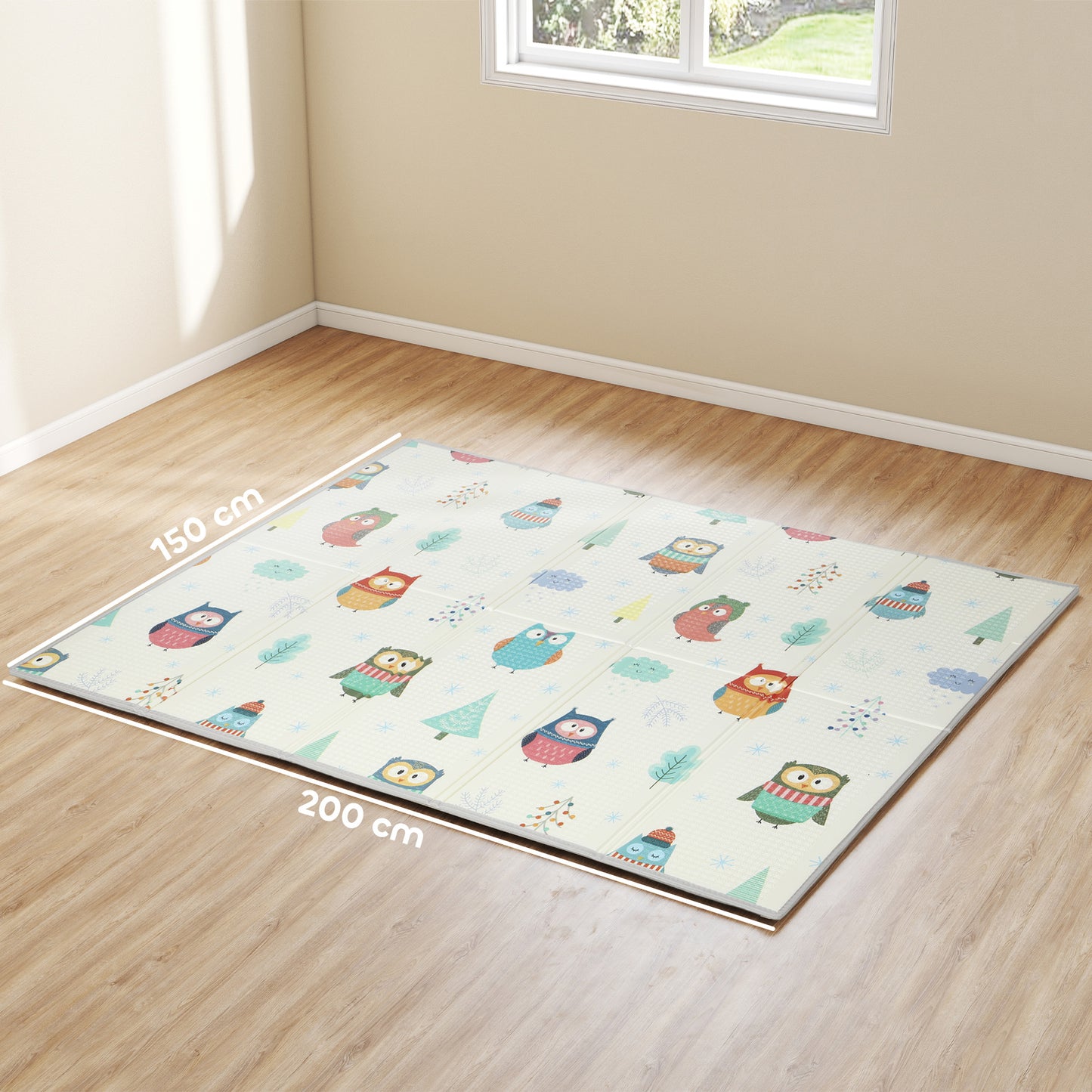Foldable Baby Plat Mat Double Sided, Kids Floor Mat for Crawling, 200L x 150W cm, Car track and Owl Theme