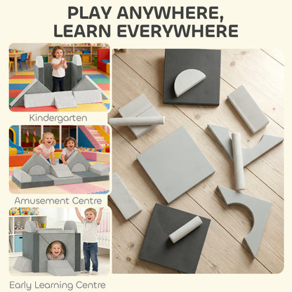 Kids Play Sofa, 12 Pieces Foam Modular Soft Play Set for Playroom, Children Convertible Sofa for Boys and Girls, Grey