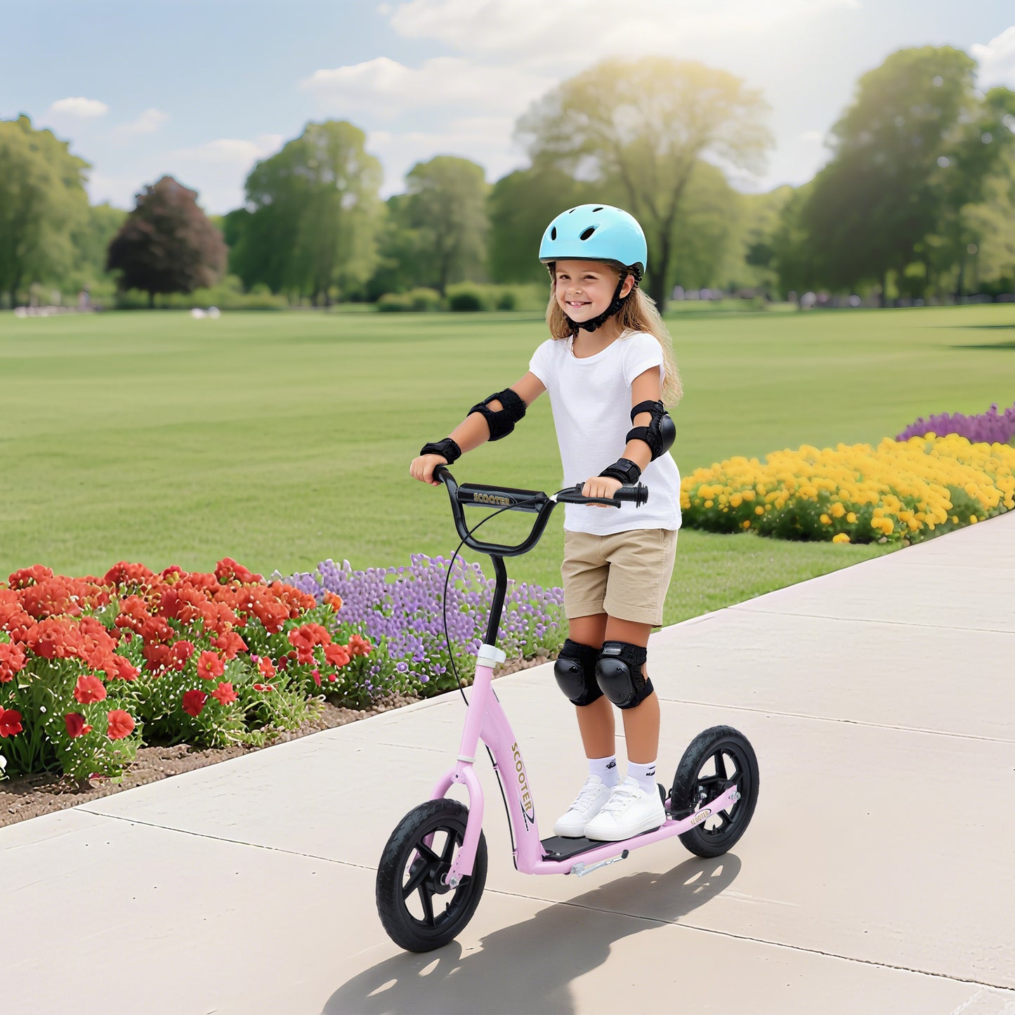 Kids Scooter Kick Scooter, with 12" EVA Tyres, Rear Brake, Big Wheels Scooter for 5-12 Years , Pink