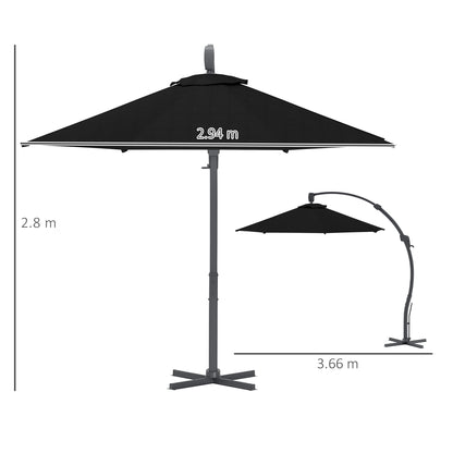 3(m) Garden Cantilever Parasol, Round Overhanging Umbrella with Crank Handle, Cross Base, Aluminium Frame and 360° Rotation