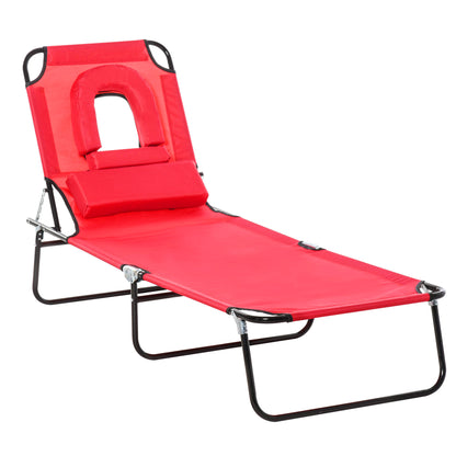 Folding Sun Lounger with Face Hole, 4-Position Adjustable Backrest Garden Recliner Chair Sunbed, Outdoor Lounge Chair