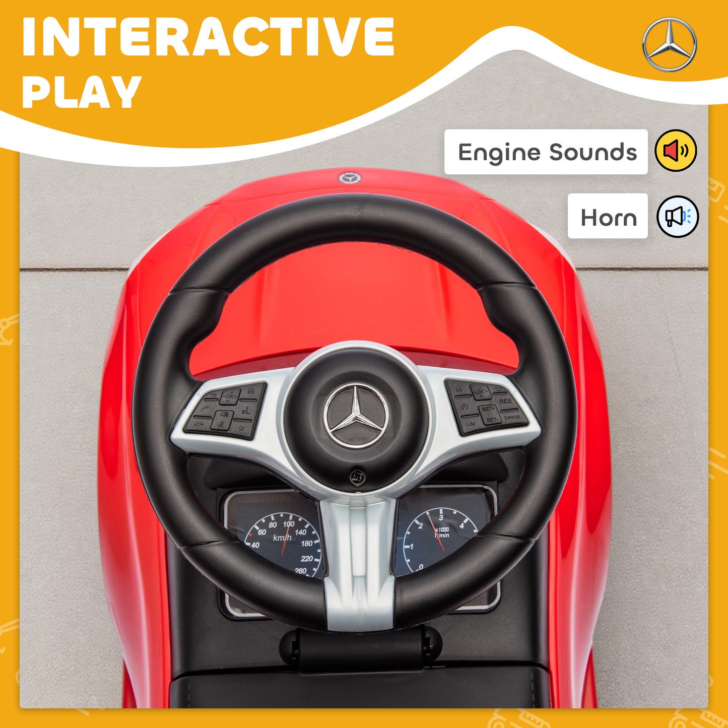 Official Mercedes-Benz Ride On Car, Foot to Floor Sliding Walker with Horn, Engine Sounds and Under-Seat Storage, Red